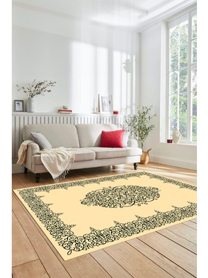 Evdeya Klasik Çerçeve Desenli Yıkanabilir Kaymaz Yolluk Mutfak Salon Halısı, Çerçeveli-22-Krem,