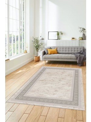 Evdeya Sade Şık Çerçeve Desen Yıkanabilir Kaymaz Yolluk Mutfak Salon Halısı, Çerçeveli-28-Krem,