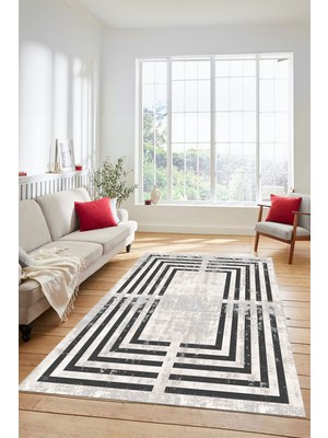 Evdeya Yeni Tarz Çerçeve Desenli Modern Yıkanabilir Yolluk Mutfak Salon Halısı, Çerçeveli-15-Krem,