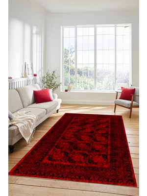 Evdeya Etnik Çerçeve Desenli Modern Yıkanabilir Yolluk Mutfak Salon Halısı, Çerçeveli-20-Kırmızı,