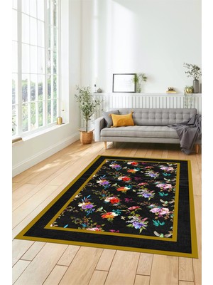 Evdeya Çiçekli Çerçeve Desen Yıkanabilir Kaymaz Yolluk Mutfak Salon Halısı, Çerçeveli-27-Renkli,