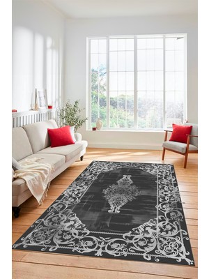 Evdeya Klasik Çerçeve Desenli Modern Yıkanabilir Yolluk Mutfak Salon Halısı, Çerçeveli-19-Antrasit,