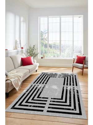 Evdeya Yeni Tarz Çerçeve Desenli Modern Yıkanabilir Yolluk Mutfak Salon Halısı, Çerçeveli-15-Gri,