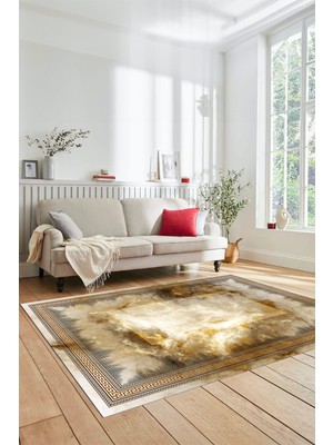 Evdeya Modern Çerçeve Desen Yıkanabilir Kaymaz Yolluk Mutfak Salon Halısı, Çerçeveli-25-Kahve,