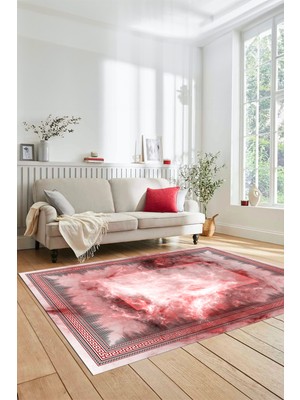 Evdeya Modern Çerçeve Desen Yıkanabilir Kaymaz Yolluk Mutfak Salon Halısı, Çerçeveli-25-Pembe,
