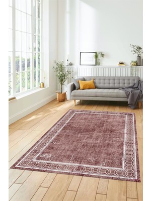 Evdeya Çerçeveli Zincir Desenli Yıkanabilir Kaymaz Yolluk Mutfak Salon Halısı, Çerçeveli-31-Pembe,