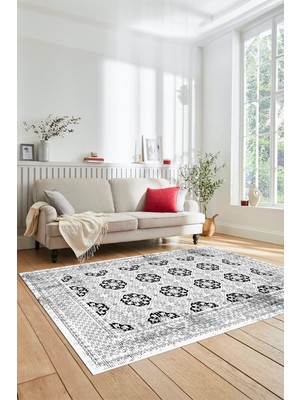 Evdeya Etnik Çerçeve Desen Yıkanabilir Kaymaz Yolluk Mutfak Salon Halısı, Çerçeveli-26-Beyaz,