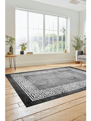 Evdeya Yeni Şık Tasarım Yıkanabilir Kaymaz Taban Çerçeveli Mutfak Salon Halısı, Çerçeveli-36-Gri,