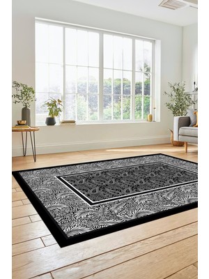 Evdeya Çiçekli Tasarım Yıkanabilir Kaymaz Taban Çerçeveli Mutfak Salon Halısı, Çerçeveli-37-Siyah,