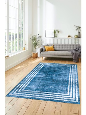 Evdeya Çerçeveli Modern Desenli Yıkanabilir Kaymaz Yolluk Mutfak Salon Halısı, Çerçeveli-32-Mavi,