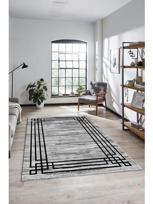 Evdeya Yeni Şık Tasarım Yıkanabilir Kaymaz Çerçeveli Modern Yolluk Salon Halısı, Çerçeveli-42-Gri,