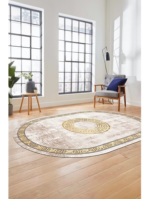 Evdeya Sade Tasarım Çerçeve Desenli Modern Yıkanabilir Mutfak Oval Salon Halısı, O-Çerçeveli-12-Krem,