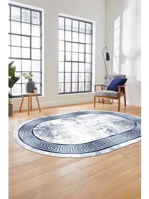 Evdeya Şık Motifli Çerçeve Desen Modern Yıkanabilir Yolluk Mutfak Oval Salon Halısı, O-Çerçeveli-13-Mavi,