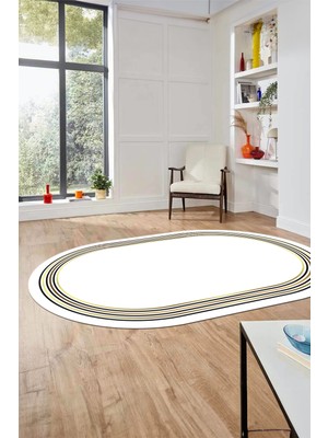 Evdeya Dijital Kaymaz Yıkanabilir Modern Sade Çerçeveli Oval Yolluk Salon Halısı, O-Çerçeveli-45-Beyaz,