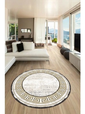 Evdeya Tasarım Çerçeve Desenli Modern Yıkanabilir Mutfak Yuvarlak Salon Halısı, Y-Çerçeveli-09-Gold,
