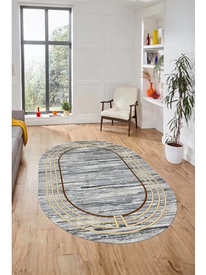Evdeya Şık Tasarım Yıkanabilir Kaymaz Çerçeveli Modern Oval Yolluk Salon Halısı, O-Çerçeveli-42-Vizon,