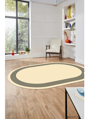 Evdeya Dijital Kaymaz Yıkanabilir Modern Sade Çerçeveli Oval Yolluk Salon Halısı, O-Çerçeveli-45-Krem,