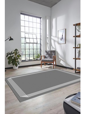 Evdeya Dijital Baskılı Kaymaz Yıkanabilir Modern Sade Çerçeveli Yolluk Salon Halısı, Çerçeveli-45-Gri,