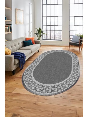 Evdeya Dijital Kaymaz Yıkanabilir Şık Çerçeveli Yolluk Mutfak Oval Salon Halısı, O-Çerçeveli-29-Gri,