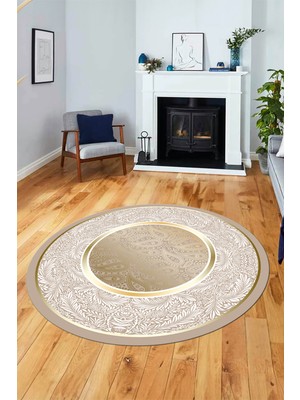Evdeya Çiçekli Şık Yıkanabilir Kaymaz Taban Çerçeveli Yuvarlak Mutfak Salon Halısı, Y-Çerçeveli-37-Gold,