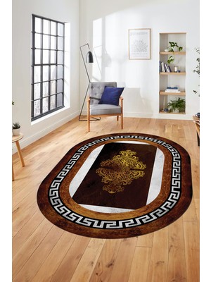 Evdeya Dijital Kaymaz Yıkanabilir Çerçeveli Yolluk Oval Mutfak Salon Halısı, O-Çerçeveli-02-Gold,
