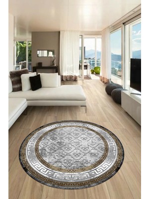 Evdeya Şık Tasarım Çerçeve Desenli Modern Yıkanabilir Mutfak Yuvarlak Salon Halısı, Y-Çerçeveli-10-Kahve,