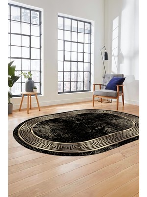 Evdeya Şık Motifli Çerçeve Desen Modern Yıkanabilir Yolluk Mutfak Oval Salon Halısı, O-Çerçeveli-13-Gold,