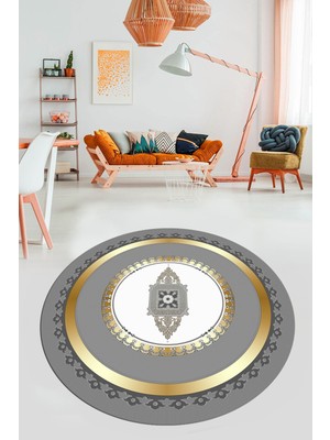 Evdeya Klasik Çerçeve Desen Yıkanabilir Kaymaz Yolluk Mutfak Yuvarlak Salon Halısı, Y-Çerçeveli-23-Gold,