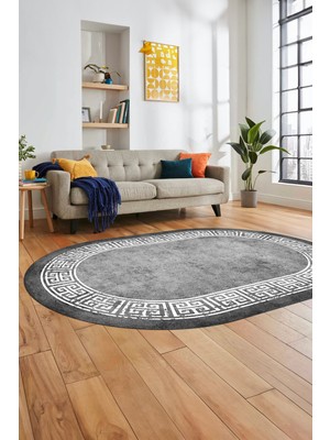 Evdeya Yeni Şık Tasarım Yıkanabilir Kaymaz Taban Çerçeveli Oval Mutfak Salon Halısı, O-Çerçeveli-36-Gri,