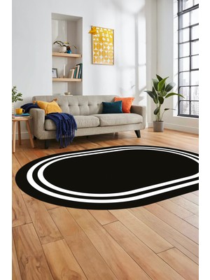 Evdeya Sade Düz Renk Çerçeveli Yıkanabilir Modern Yolluk Mutfak Oval Salon Halısı, O-Çerçeveli-38-Siyah,
