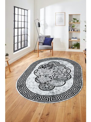 Evdeya Dijital Kaymaz Yıkanabilir Modern Çerçeveli Oval Mutfak Salon Halısı, O-Çerçeveli-04-Siyah,