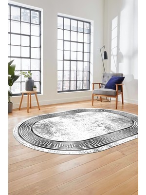 Evdeya Şık Motifli Çerçeve Desen Modern Yıkanabilir Yolluk Mutfak Oval Salon Halısı, O-Çerçeveli-13-Gri,