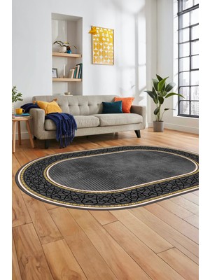 Evdeya Dijital Kaymaz Yıkanabilir Çerçeveli Yolluk Mutfak Oval Salon Halısı, O-Çerçeveli-35-Gri,