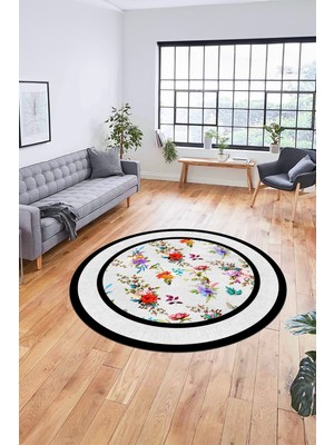 Evdeya Çiçekli Çerçeve Desen Yıkanabilir Kaymaz Yolluk Mutfak Yuvarlak Salon Halısı, Y-Çerçeveli-27-Beyaz,