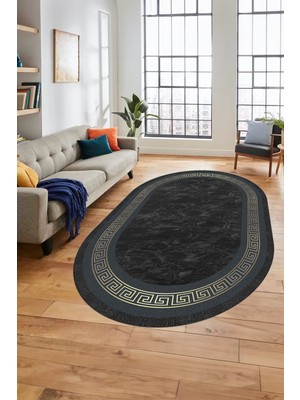 Evdeya Sade Şık Çerçeve Desen Yıkanabilir Kaymaz Yolluk Mutfak Oval Salon Halısı, O-Çerçeveli-28-Antrasit,