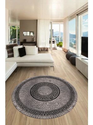 Evdeya Sade Tasarım Çerçeve Desen Modern Yıkanabilir Mutfak Yuvarlak Salon Halısı, Y-Çerçeveli-12-Gri,