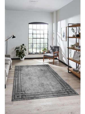 Evdeya Yeni Zarif Tasarım Yıkanabilir Kaymaz Çerçeveli Yolluk Mutfak Salon Halısı, Çerçeveli-43-Gri,