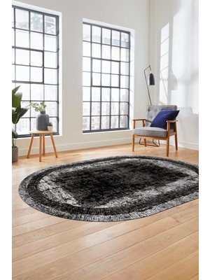 Evdeya Sade Motifli Çerçeve Desen Modern Yıkanabilir Yolluk Mutfak Oval Salon Halısı, O-Çerçeveli-14-Siyah,