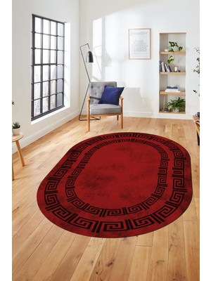 Evdeya Dijital Kaymaz Taban Yıkanabilir Çerçeveli Oval Mutfak Salon Halısı, O-Çerçeveli-05-Bordo,