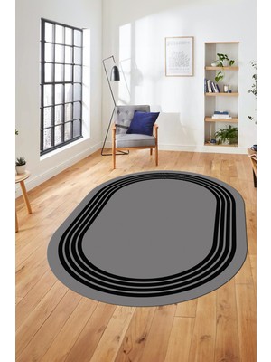 Evdeya Dijital Kaymaz Taban Yıkanabilir Klasik Çerçeveli Oval Mutfak Salon Halısı, O-Çerçeveli-07-Gri,
