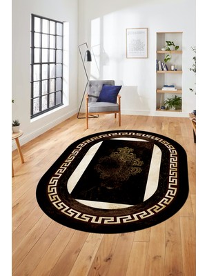 Evdeya Dijital Kaymaz Yıkanabilir Çerçeveli Yolluk Oval Mutfak Salon Halısı, O-Çerçeveli-02-Kahve,