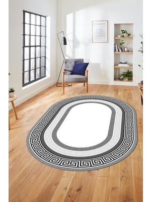 Evdeya Dijital Kaymaz Yıkanabilir Çerçeveli Şık Tasarım Oval Mutfak Salon Halısı, O-Çerçeveli-03-Gri,