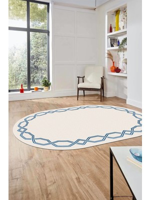 Evdeya Dijital Kaymaz Yıkanabilir Şık Çerçeveli Ince Oval Yolluk Salon Halısı, O-Çerçeveli-49-Beyaz,
