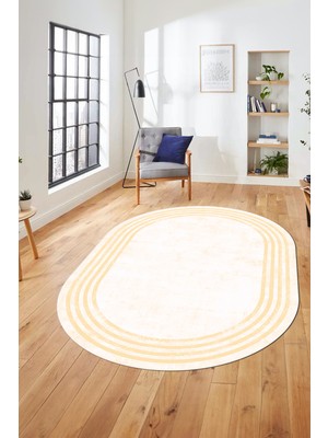 Evdeya Dijital Kaymaz Taban Yıkanabilir Sade Çerçeveli Oval Mutfak Salon Halısı, O-Çerçeveli-06-Krem,