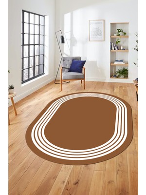 Evdeya Dijital Kaymaz Taban Yıkanabilir Klasik Çerçeveli Oval Mutfak Salon Halısı, O-Çerçeveli-07-Kahve,