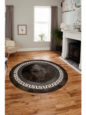 Evdeya Dijital Kaymaz Yıkanabilir Çerçeveli Yolluk Yuvarlak Mutfak Salon Halısı, Y-Çerçeveli-02-Vizon,