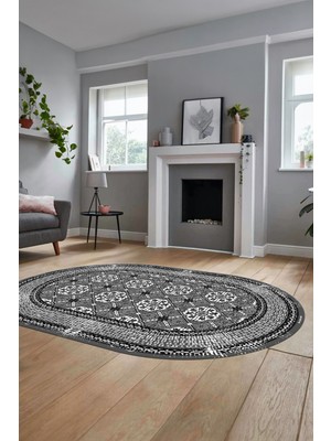 Evdeya Etnik Çerçeve Desen Yıkanabilir Kaymaz Yolluk Mutfak Oval Salon Halısı, O-Çerçeveli-26-Gri,