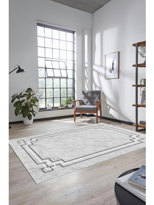 Evdeya Dijital Baskılı Kaymaz Yıkanabilir Zarif Çerçeveli Ince Yolluk Salon Halısı, Çerçeveli-50-Gri,