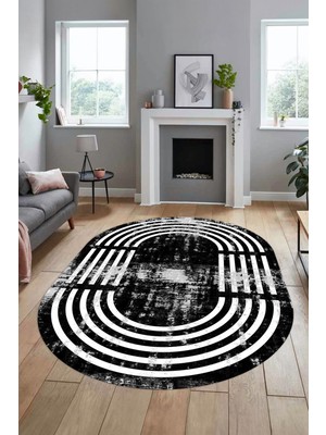 Evdeya Yeni Tarz Çerçeve Desen Modern Yıkanabilir Yolluk Mutfak Oval Salon Halısı, O-Çerçeveli-15-Siyah,