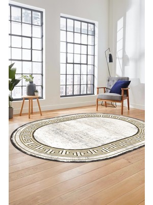 Evdeya Yeni Tasarım Çerçeve Desenli Modern Yıkanabilir Mutfak Oval Salon Halısı, O-Çerçeveli-09-Gold,